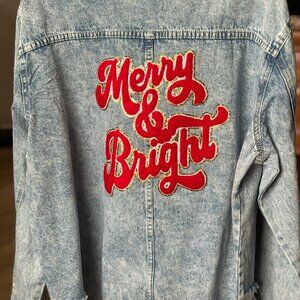 Merry & Bright Distressed Soft Denim Shacket Sequins Chenille Glitter Christmas